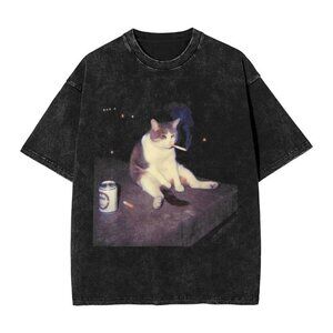 Cigarette Kitten Funny Smoking Cat Meme Washed T Shirt Men Cotton Crazy Women